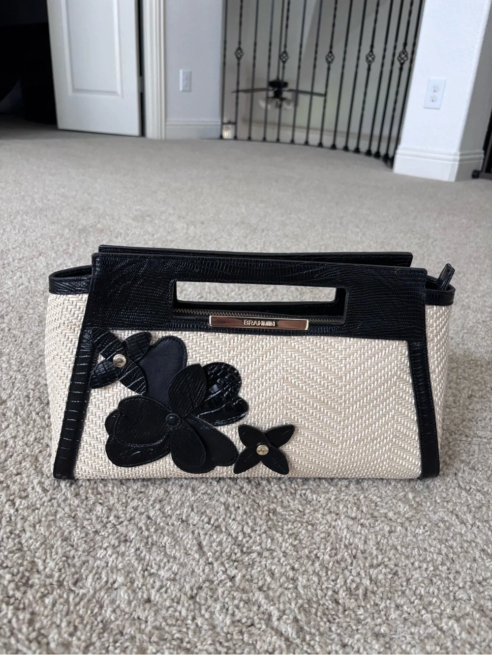 Brahmin Raffia Lenox Clutch Bag with Black 3D Floral